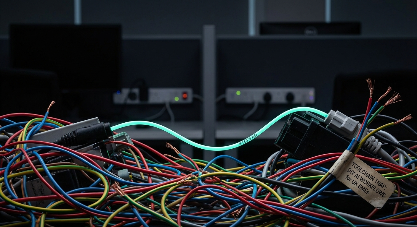 DIY AI workflows fail - tangled cables representing complex toolchains