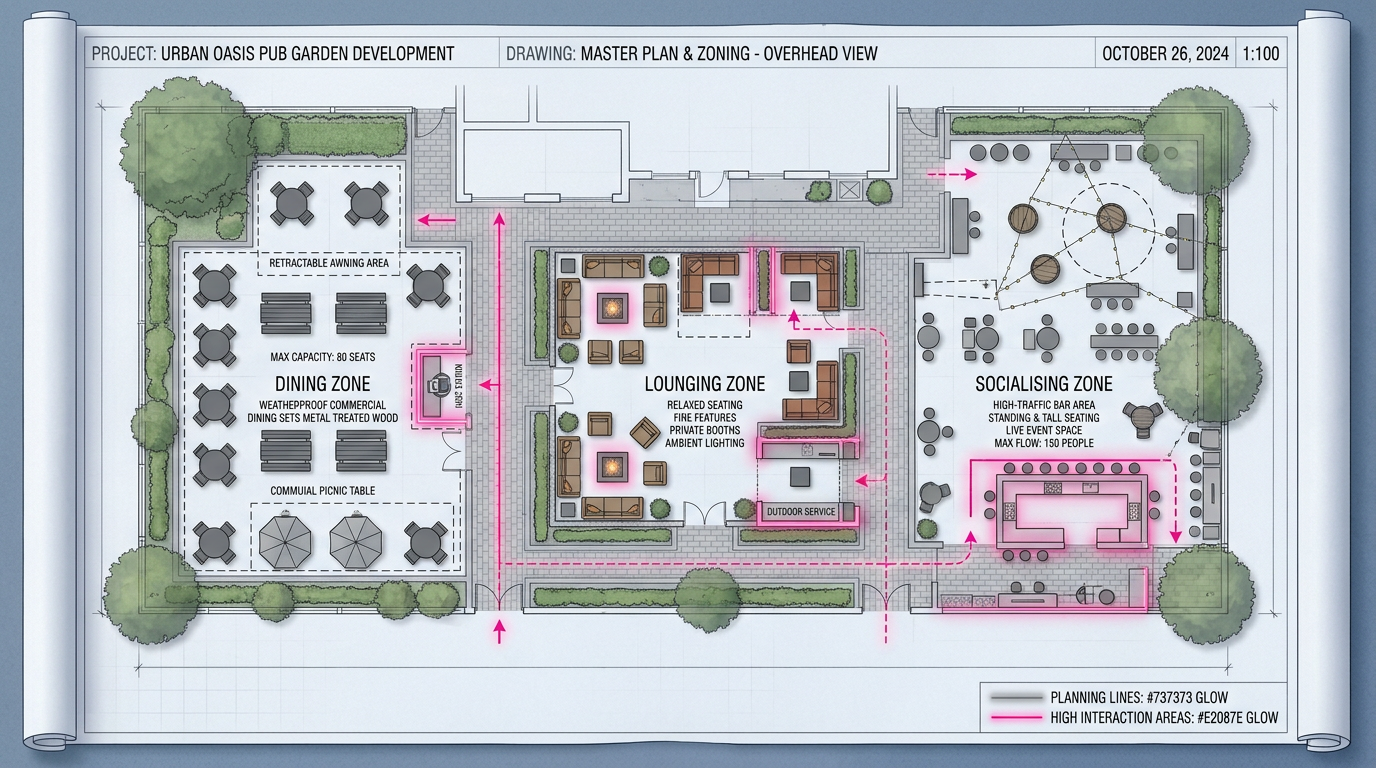 Strategic pub garden space planning blueprint with furniture zones