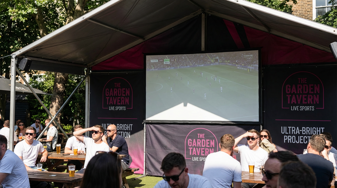 Outdoor screen for football - projector displaying match in daylight