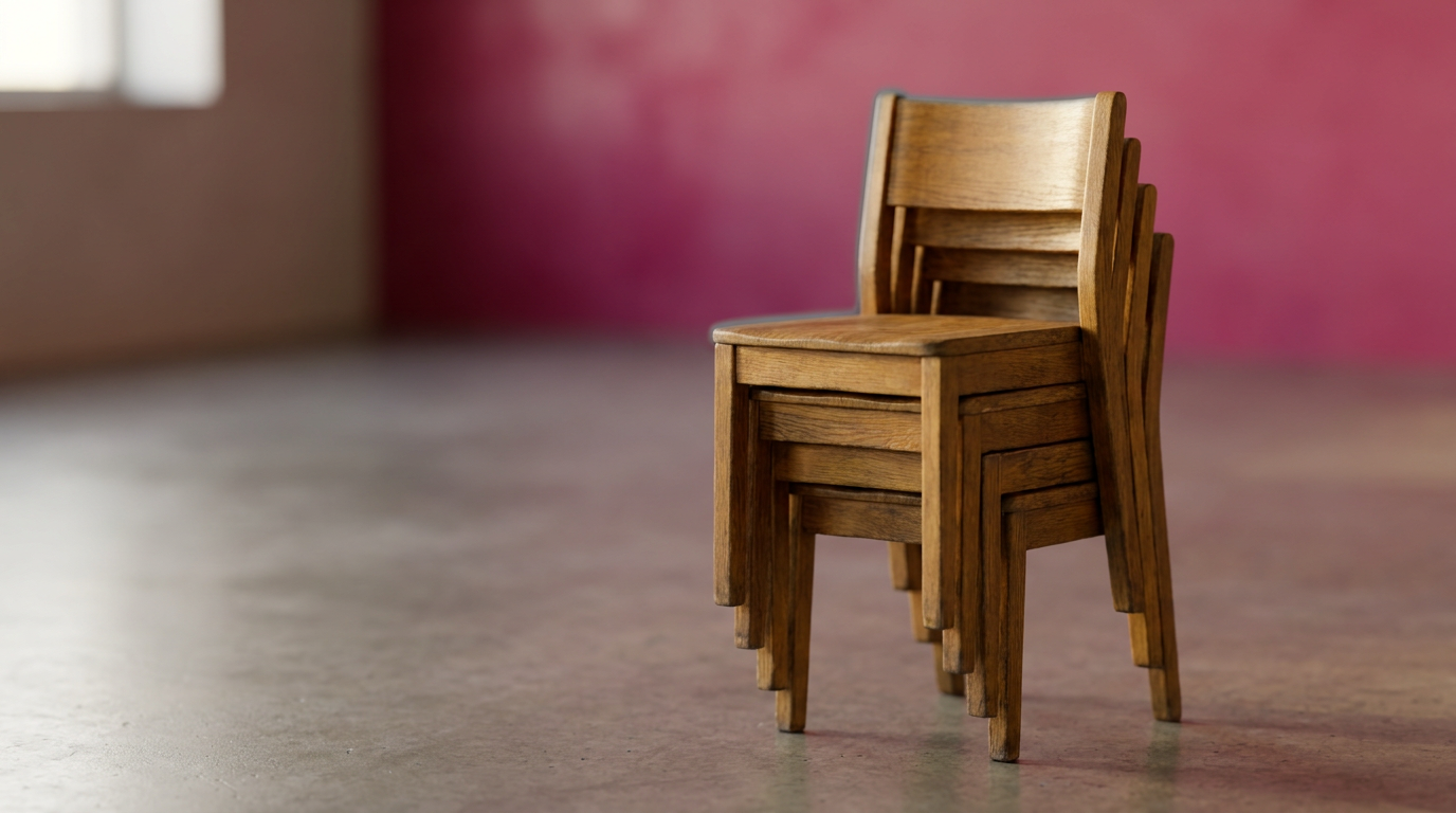 Traditional wooden school chairs stacked neatly, showing durability