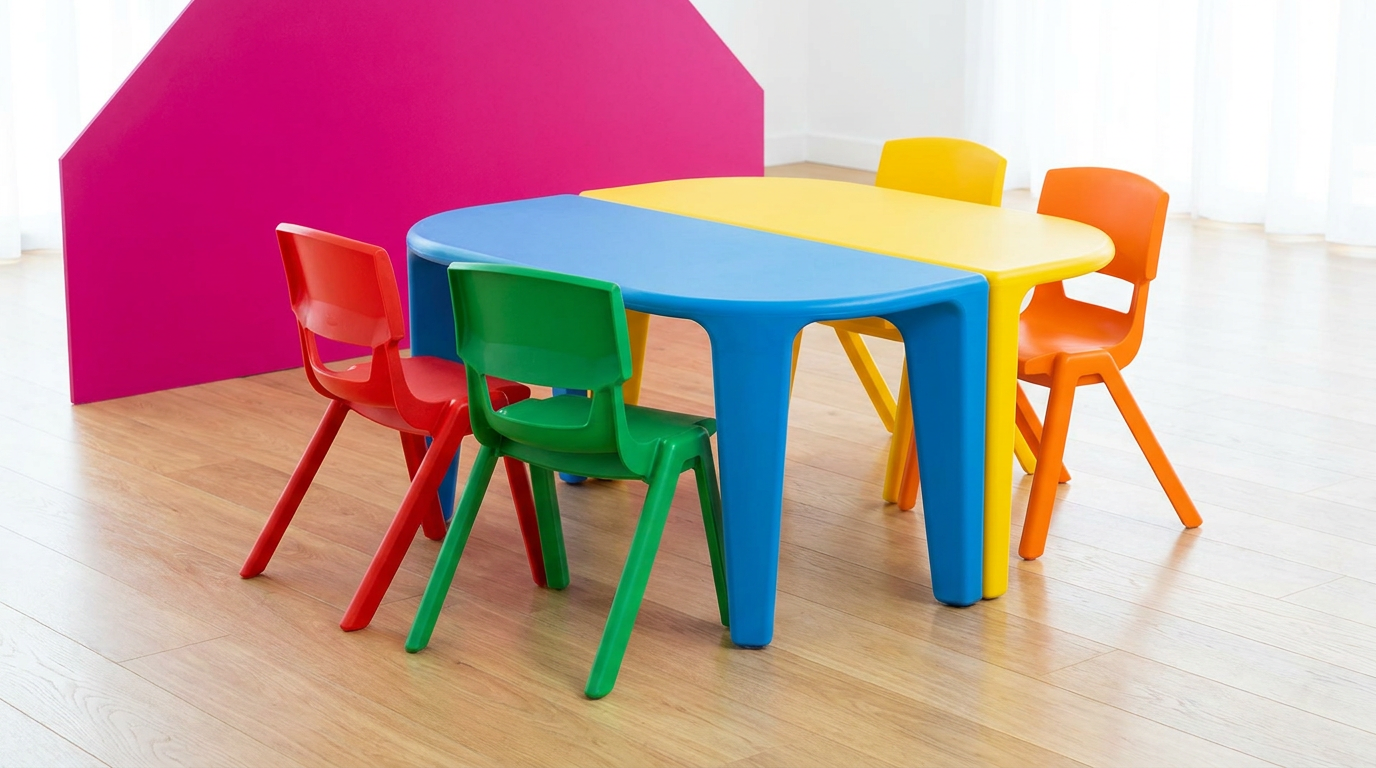 Colourful plastic primary school tables and chairs for modern classrooms
