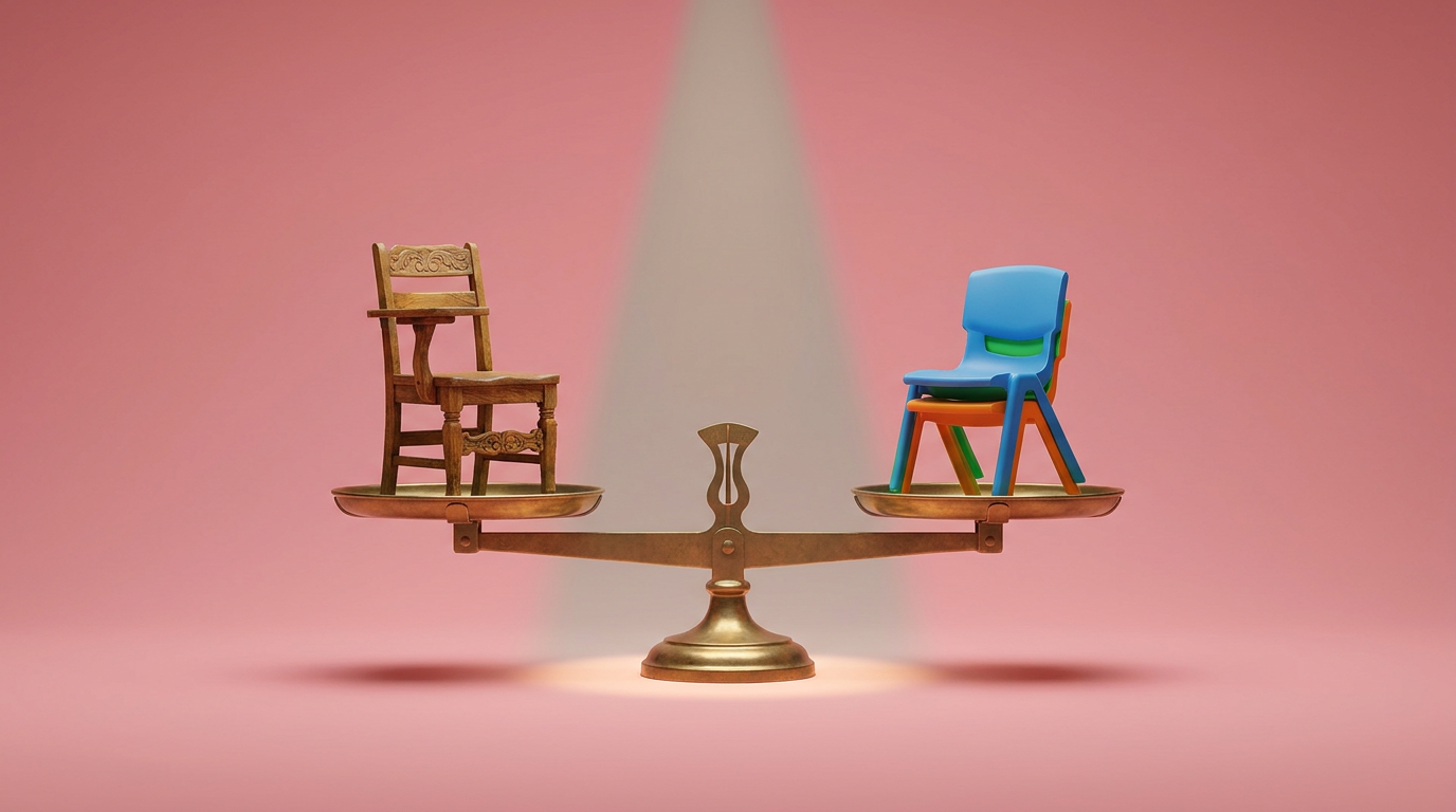 Balanced scale comparing wooden and plastic school chairs for decision-making