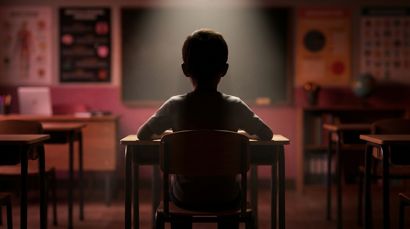 Child silhouette with correct ergonomics & posture at school desk