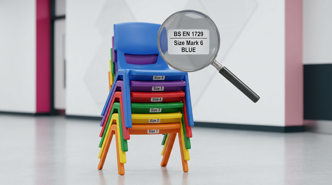 Stack of BS EN 1729 school chairs with Size Mark label