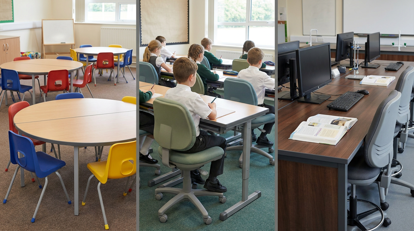 Ergonomic table designs for Early Years, Key Stage 2, and Secondary schools