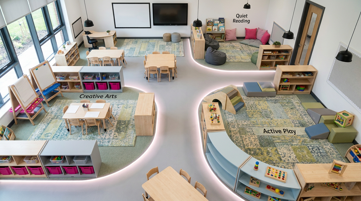 EYFS learning zones - classroom layout with clear activity areas