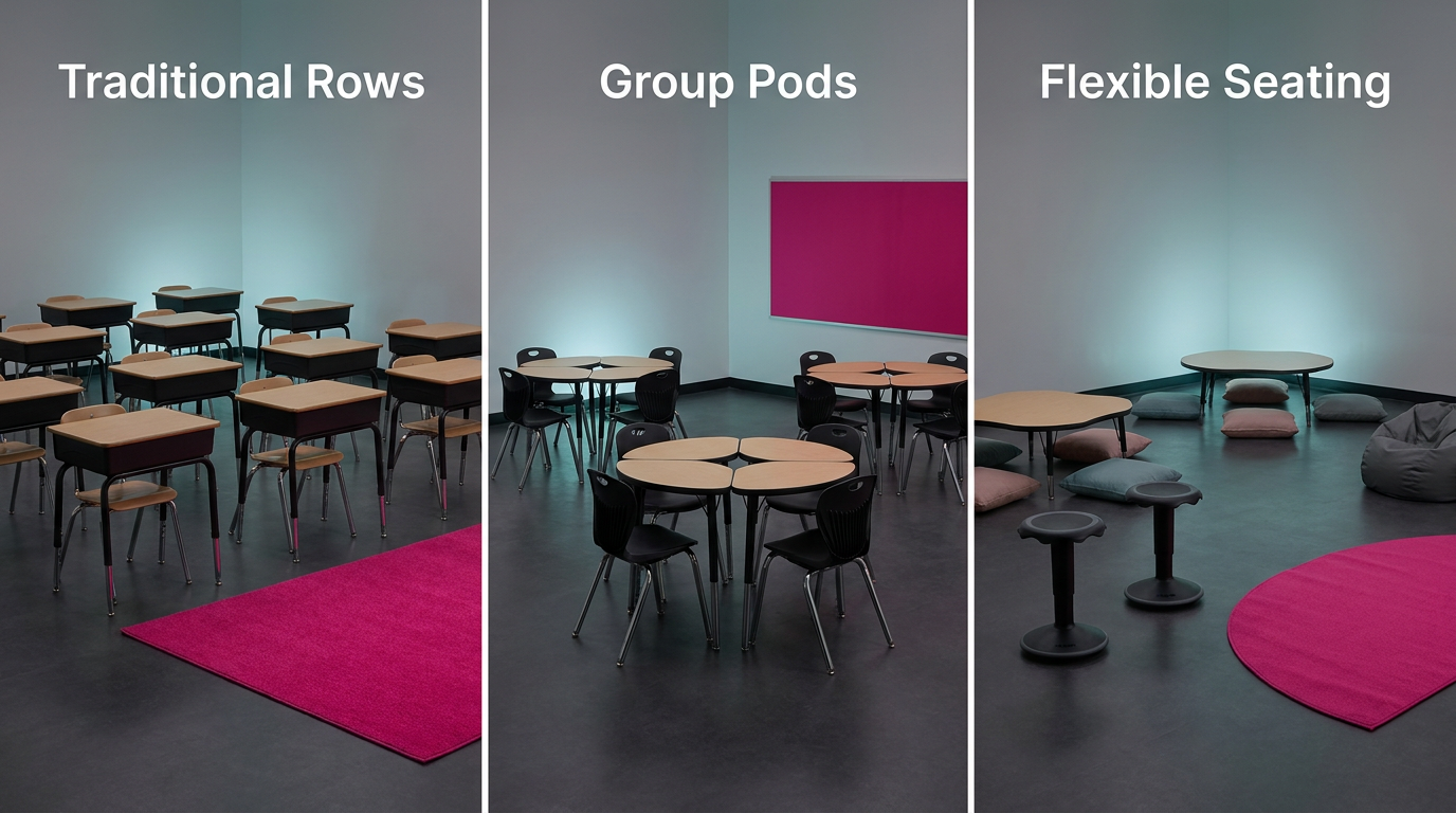 Classroom layout types - traditional rows, group pods, flexible seating