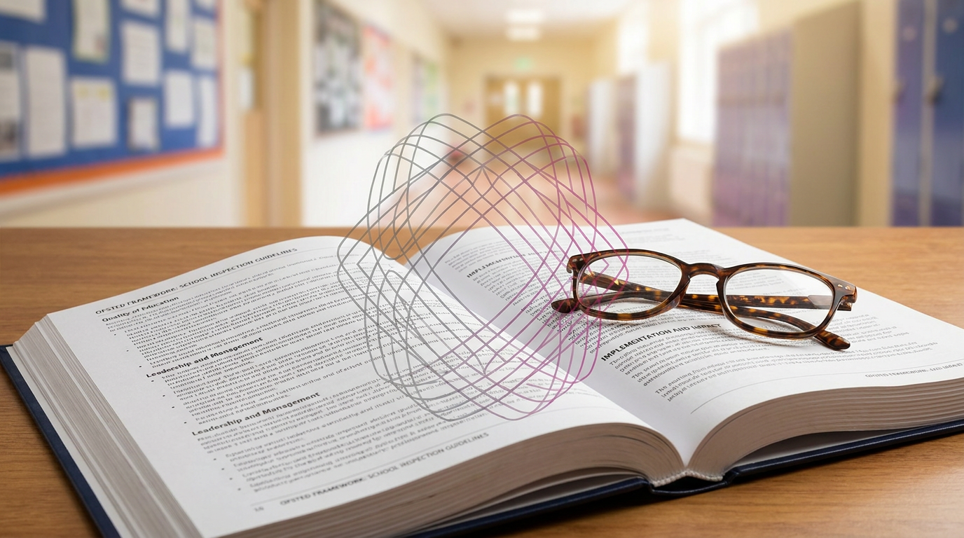 Ofsted framework document with reading glasses and abstract lines