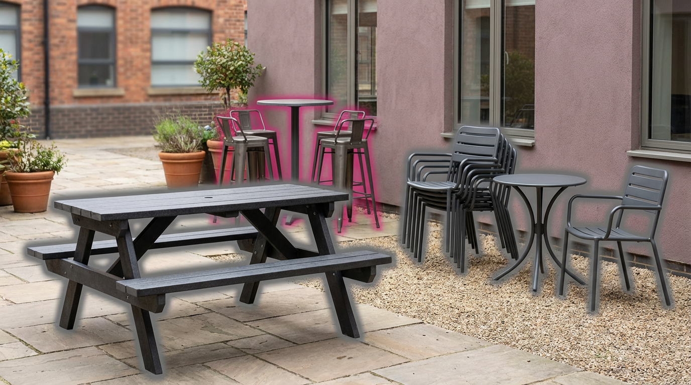 Flexible outdoor pub seating - picnic bench, stackable chairs, poseur table