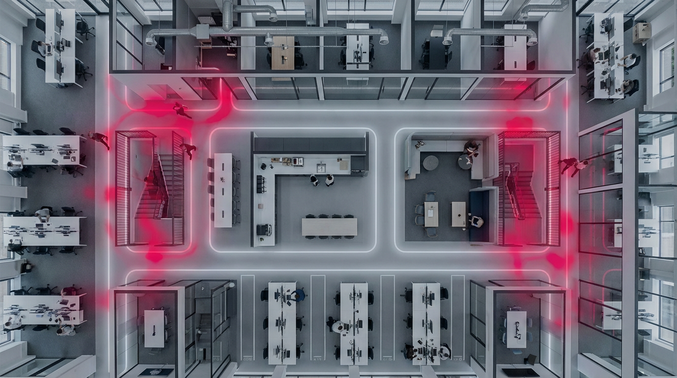 Poor workflow - office layout with indicated 'traffic jam' bottlenecks