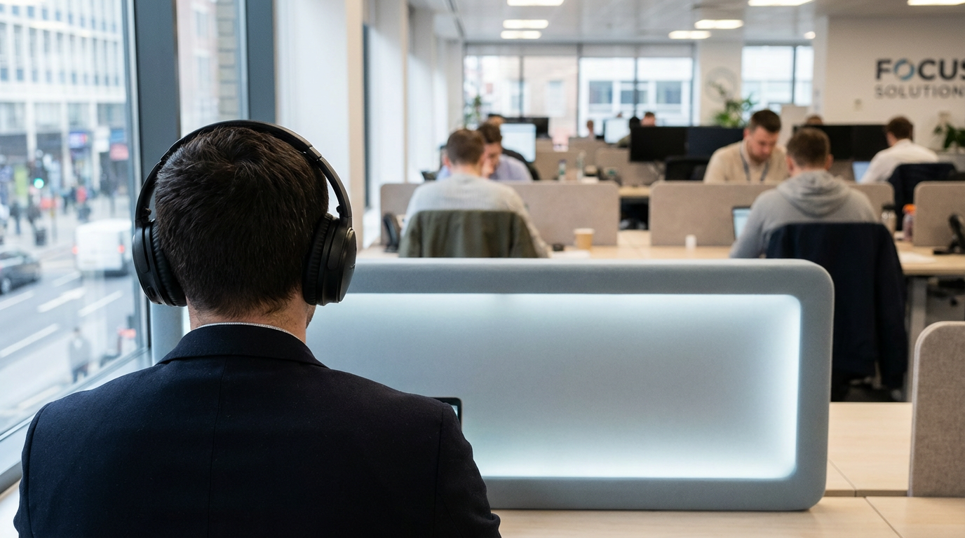Open-plan office noise - person with headphones and acoustic panel