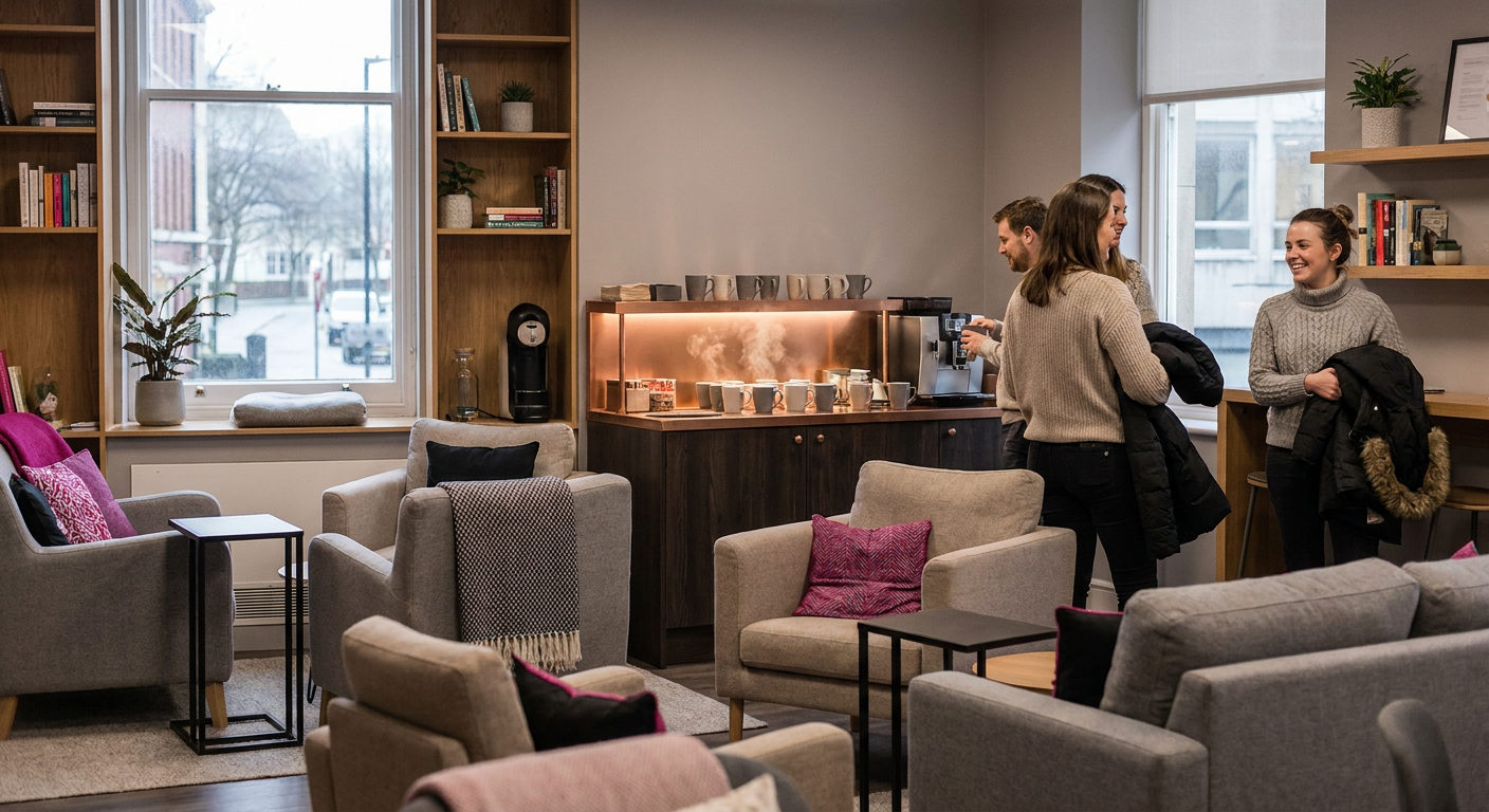 Employee wellbeing - comfortable office breakout area with hot drinks