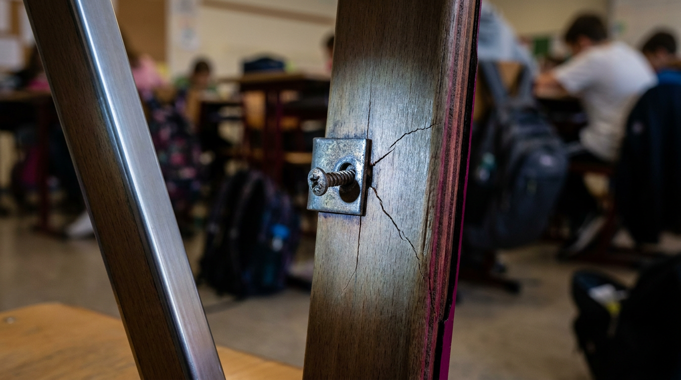 Common school furniture issues - damaged chair leg with loose screw