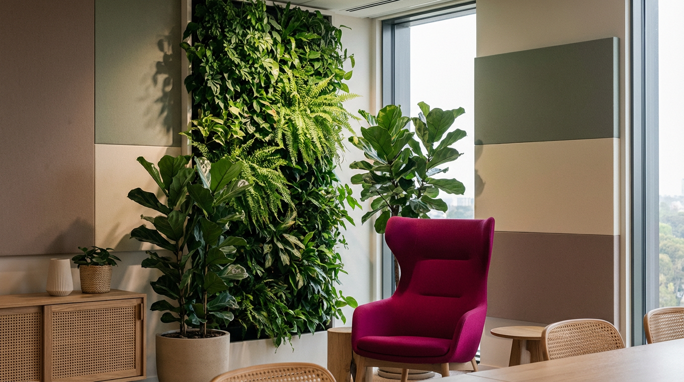 Biophilic office design benefits - quiet zone with plants and acoustic panels