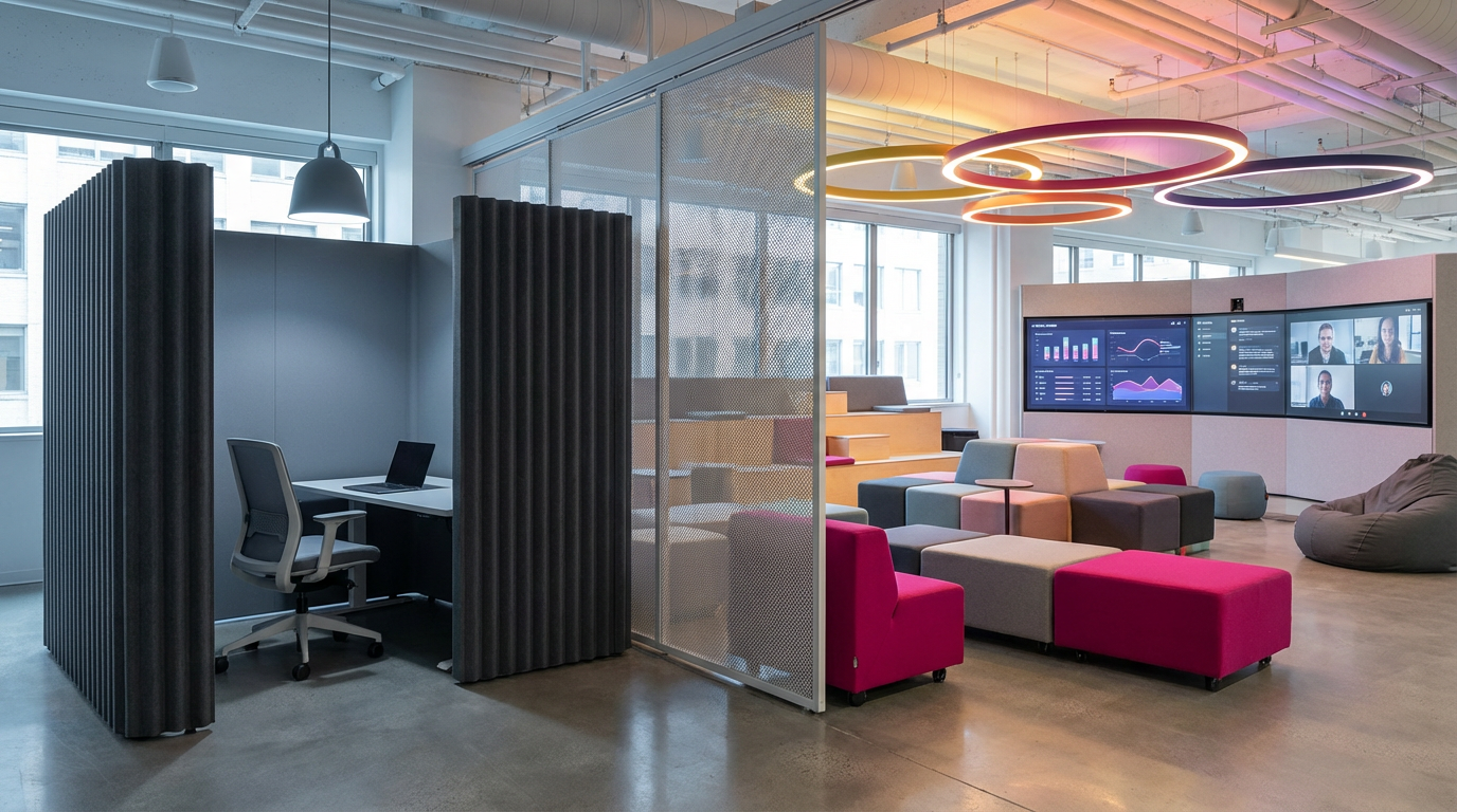 Employee wellbeing office layout - distinct focus and collaboration zones