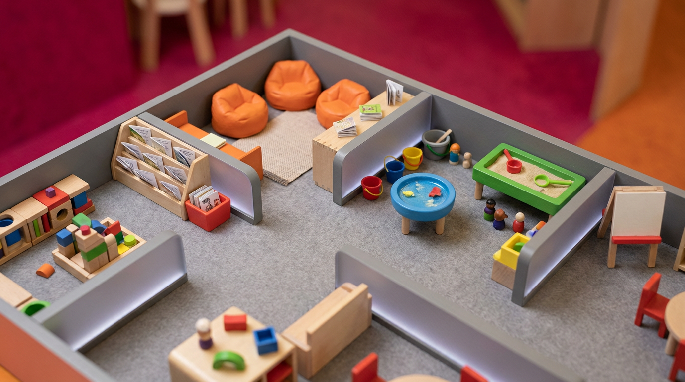 Early years classroom layout demonstrating different learning zones