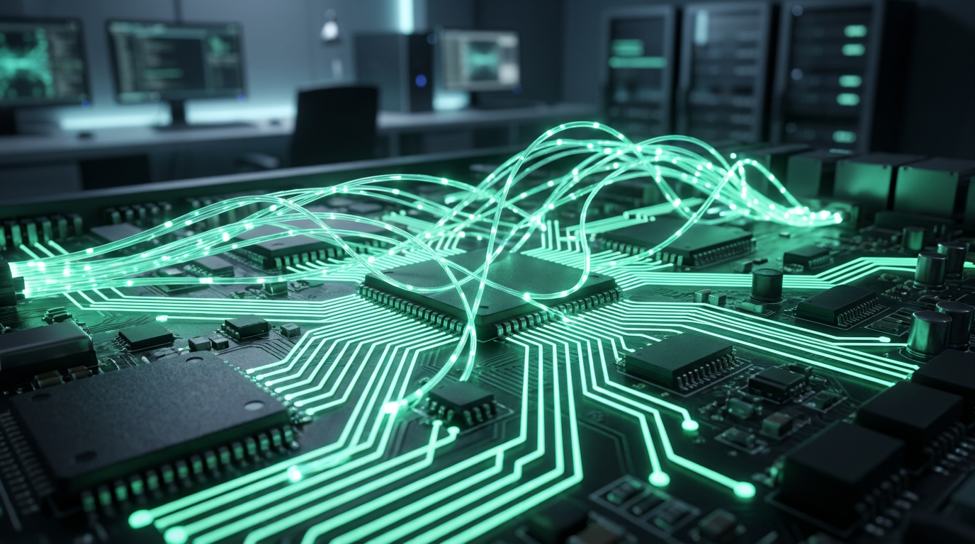 AI automation defined - intricate circuit board with glowing mint green connections