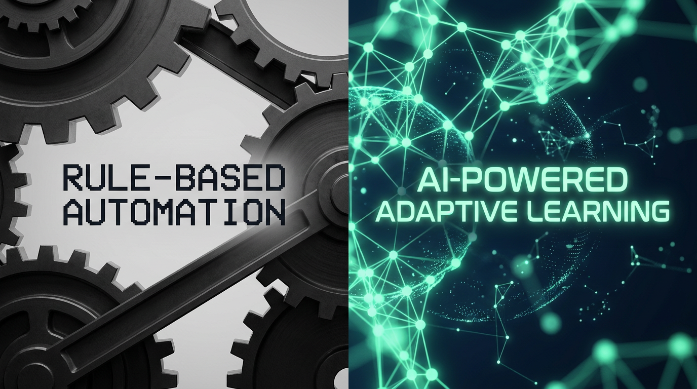 Traditional vs. AI automation - rigid gears contrasted with dynamic glowing network