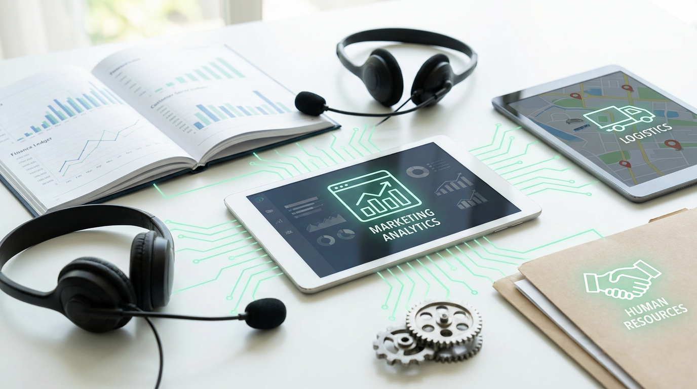 AI automation examples - business objects connected by glowing lines
