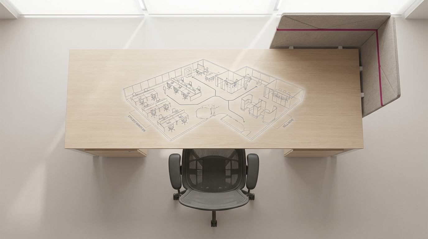 Office space planning - ergonomic desk with optimal layout projection
