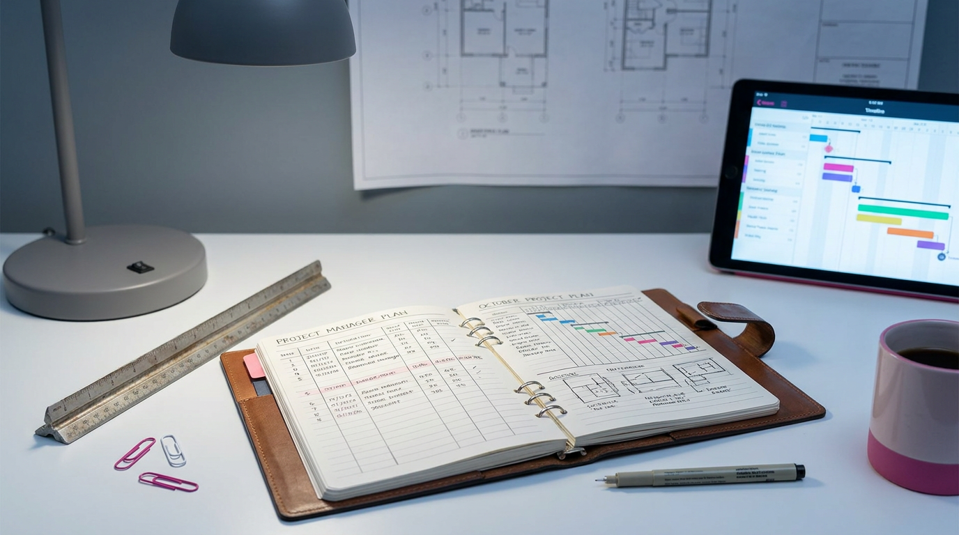 Project planning for space design - organised desk with plan