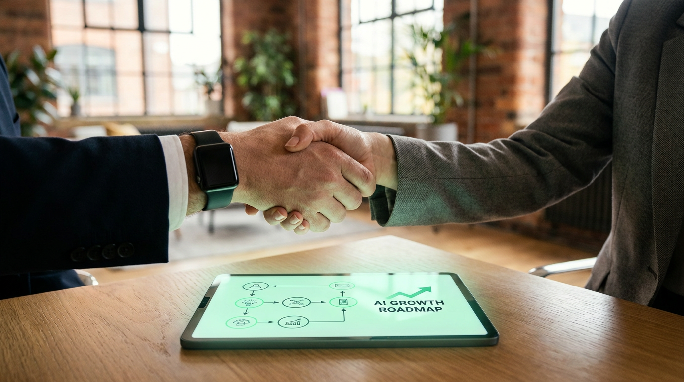 AI strategy partnership - business leader and consultant shaking hands over a digital roadmap