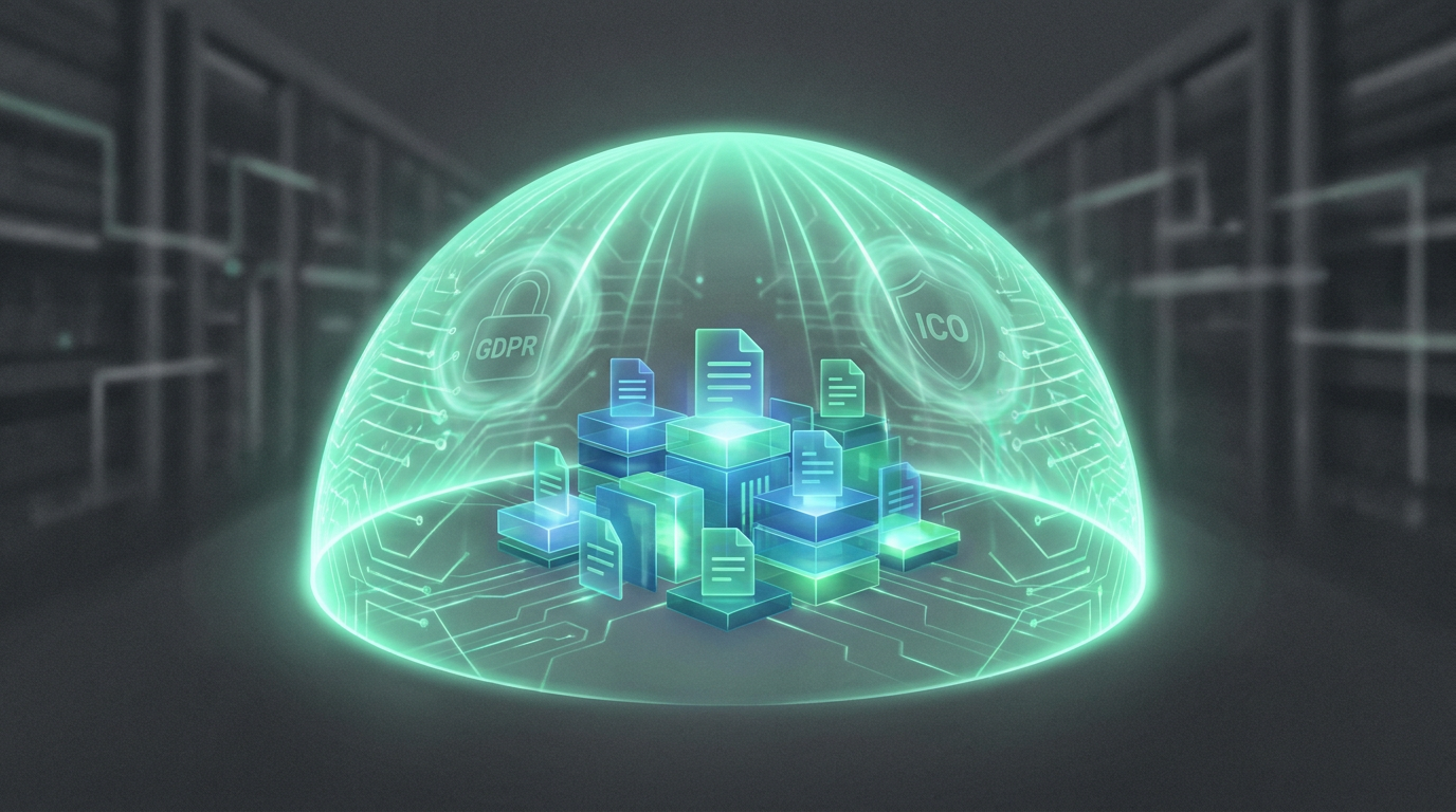 AI governance - glowing shield protecting data, symbolising GDPR and ICO compliance in the UK