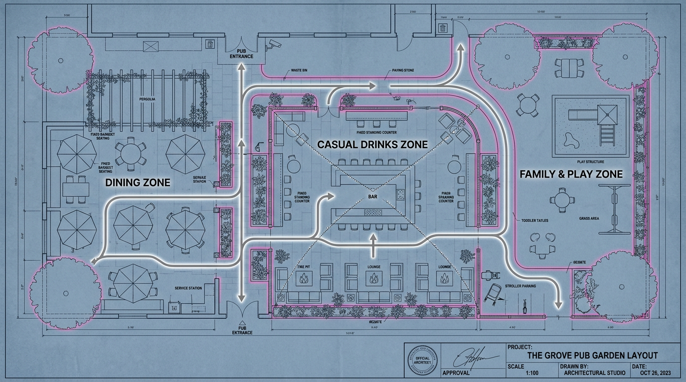 Pub garden layout design with distinct zones
