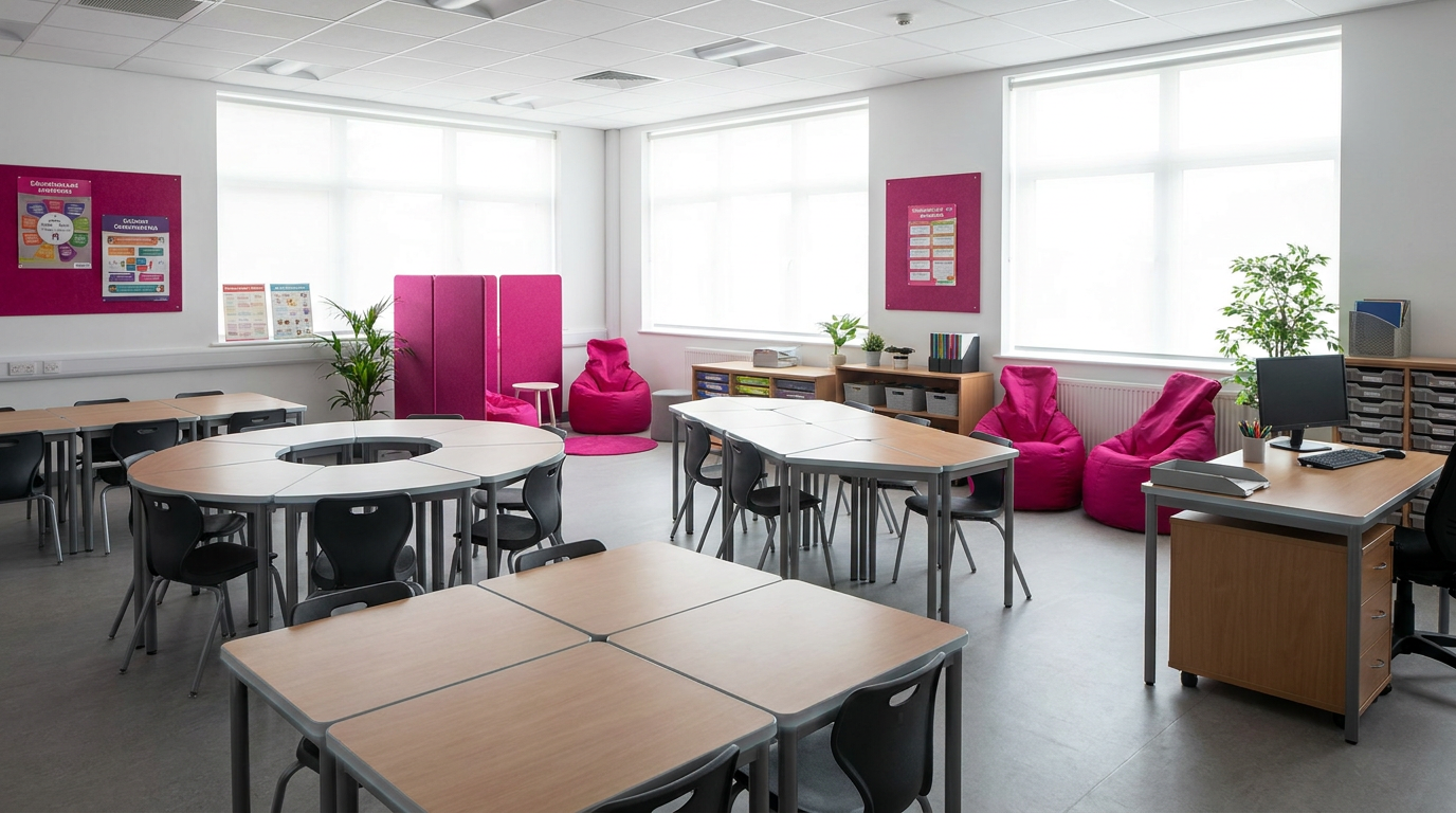Various school table types in a modern classroom for adaptable learning