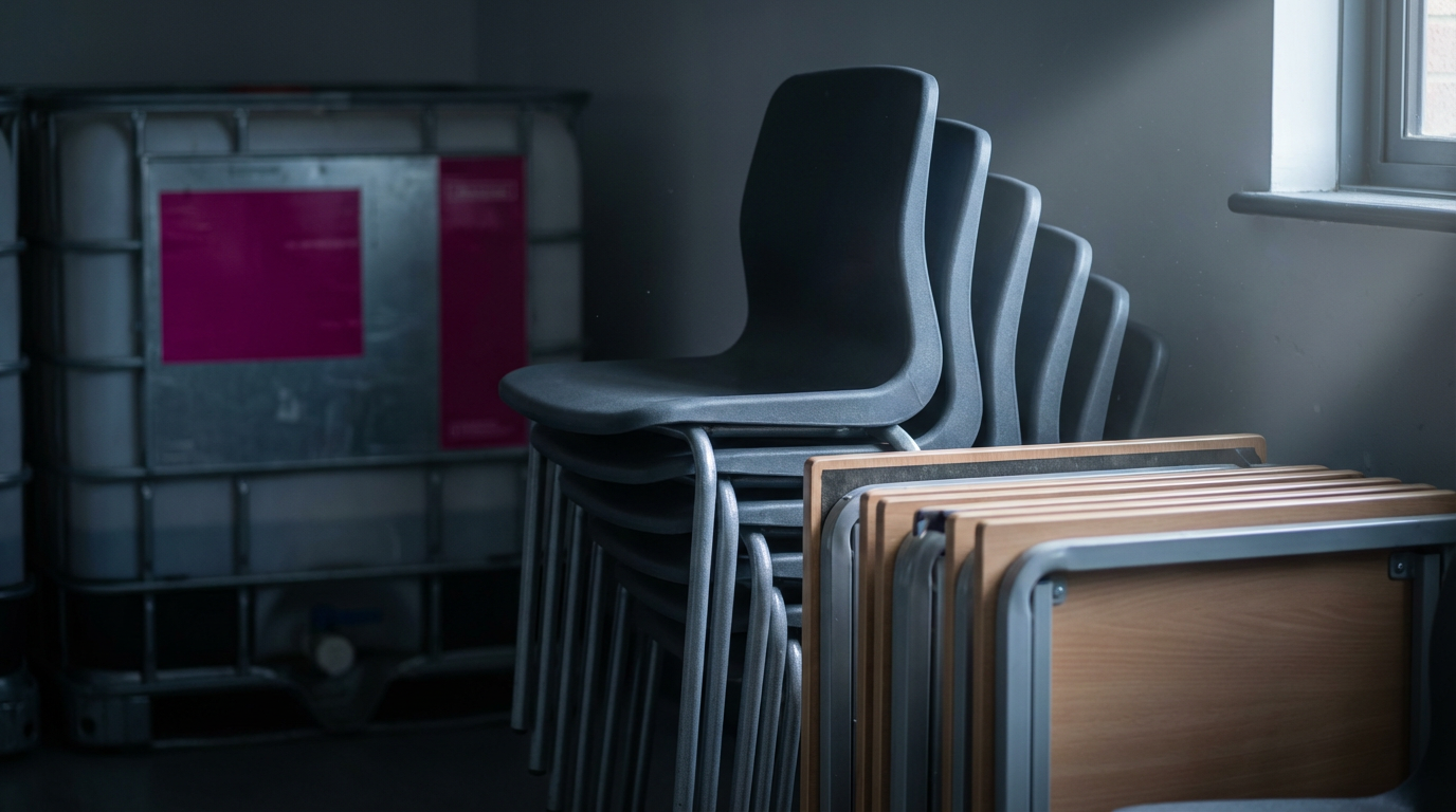 Stackable school chairs and folding tables for academic term events