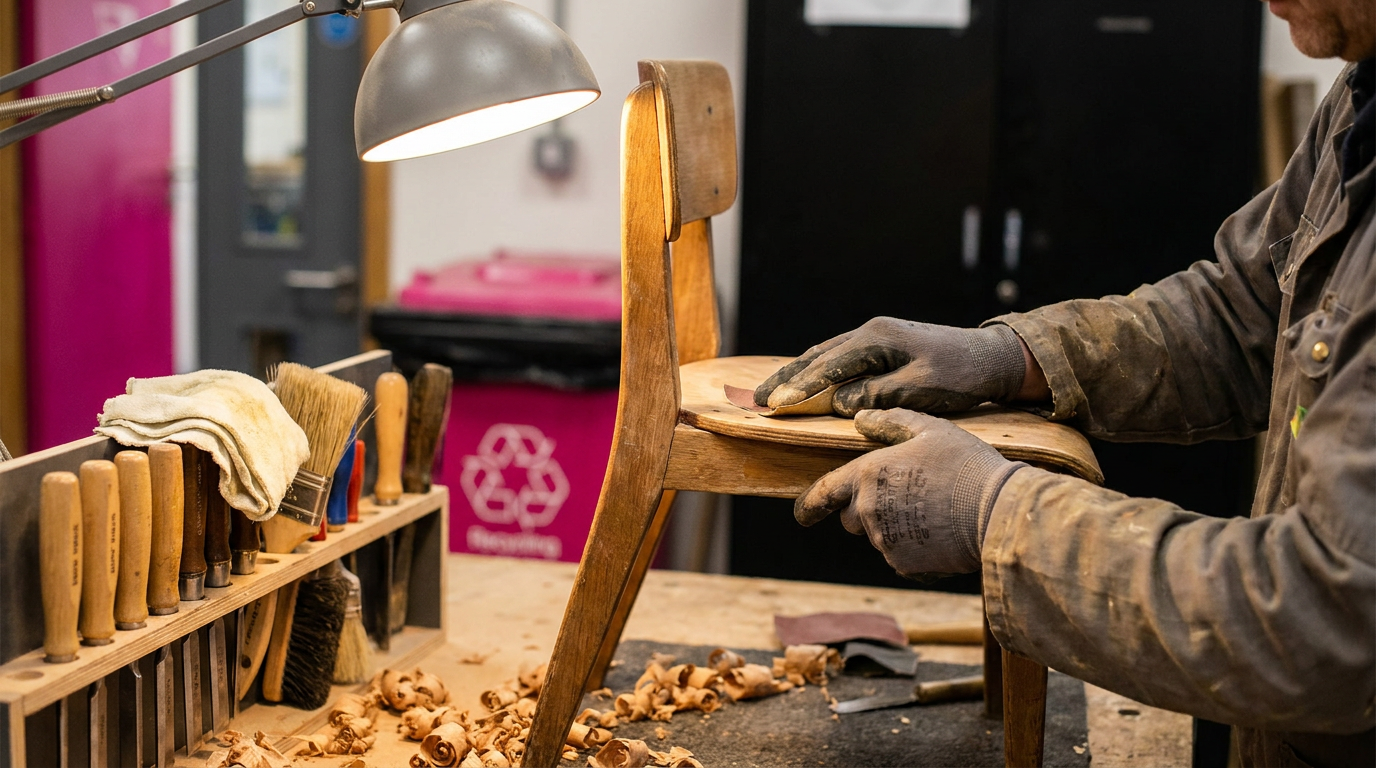 Hands restoring a school chair, symbolising professional refurbished school furniture