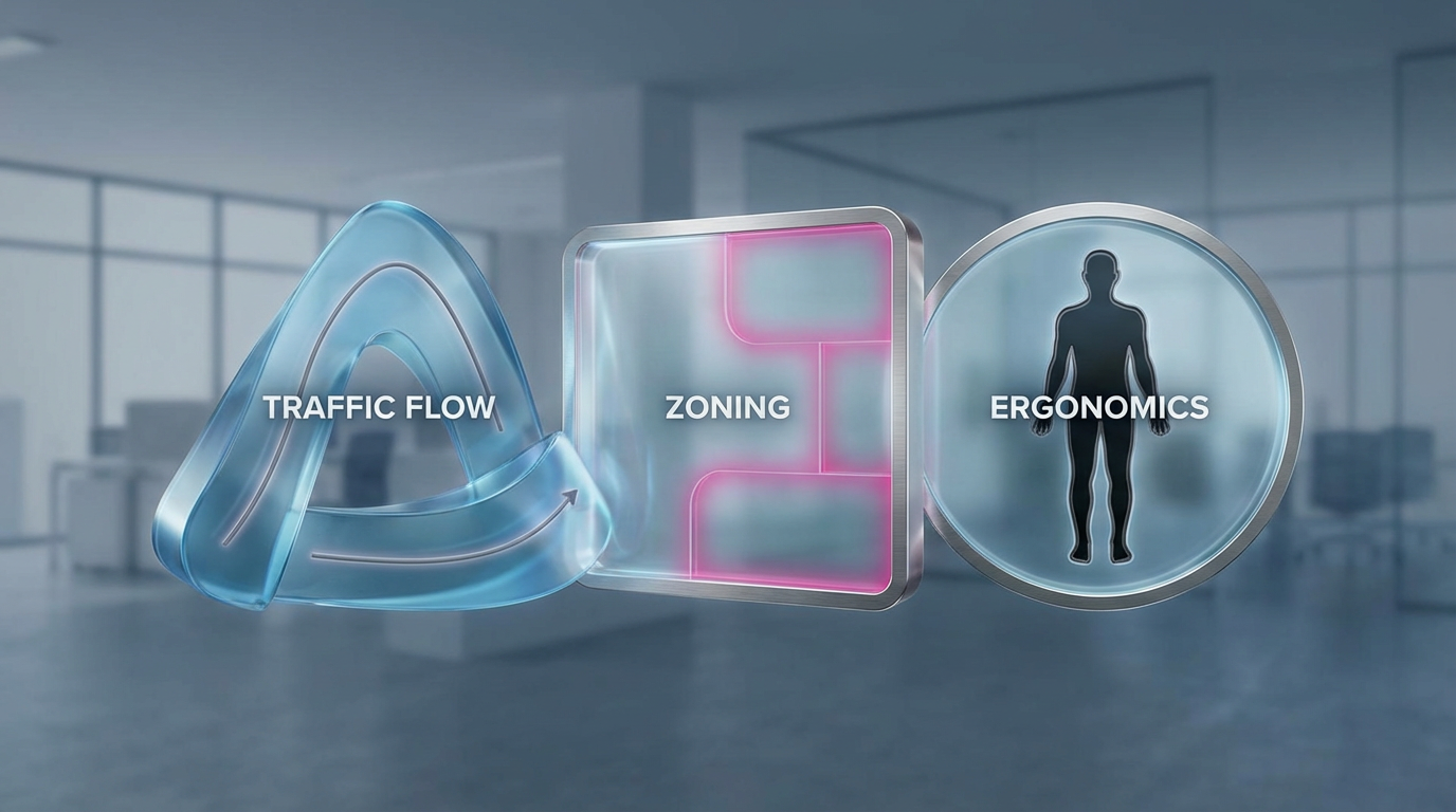 Space planning principles - traffic flow, zoning, ergonomics diagram