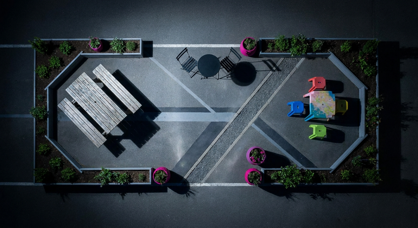 Pub garden zoning – diverse commercial outdoor furniture arrangement