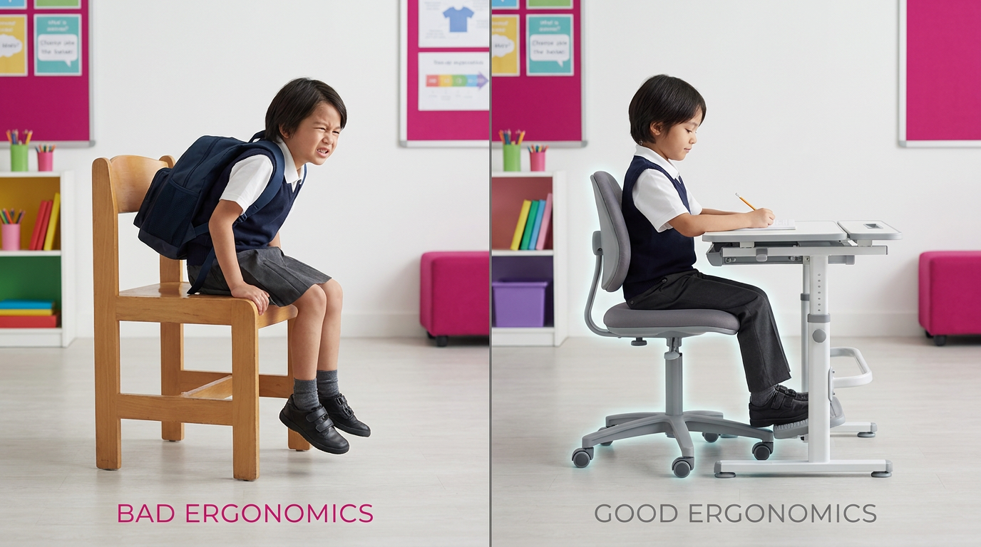 Ergonomic primary school furniture vs. ill-fitting chair for child