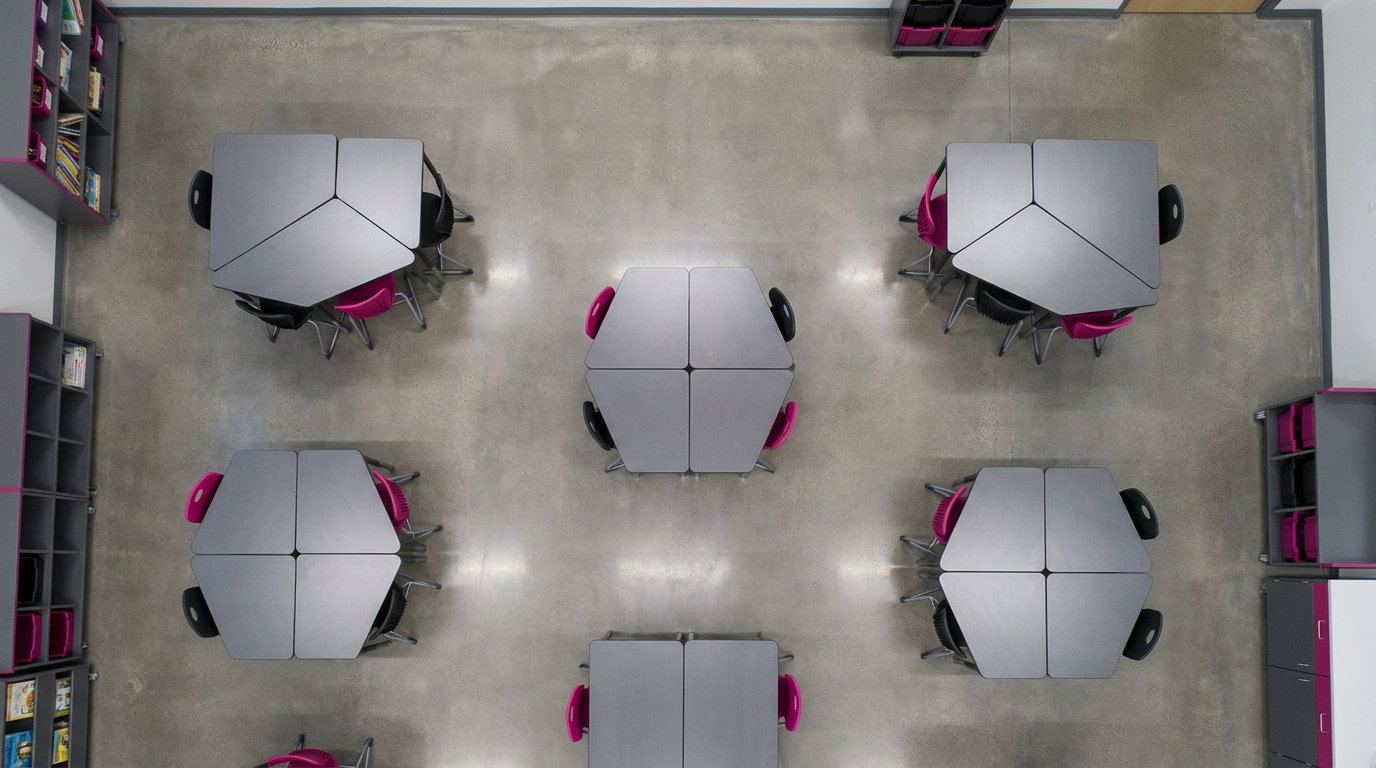 Primary school tables arranged for collaborative learning in a classroom