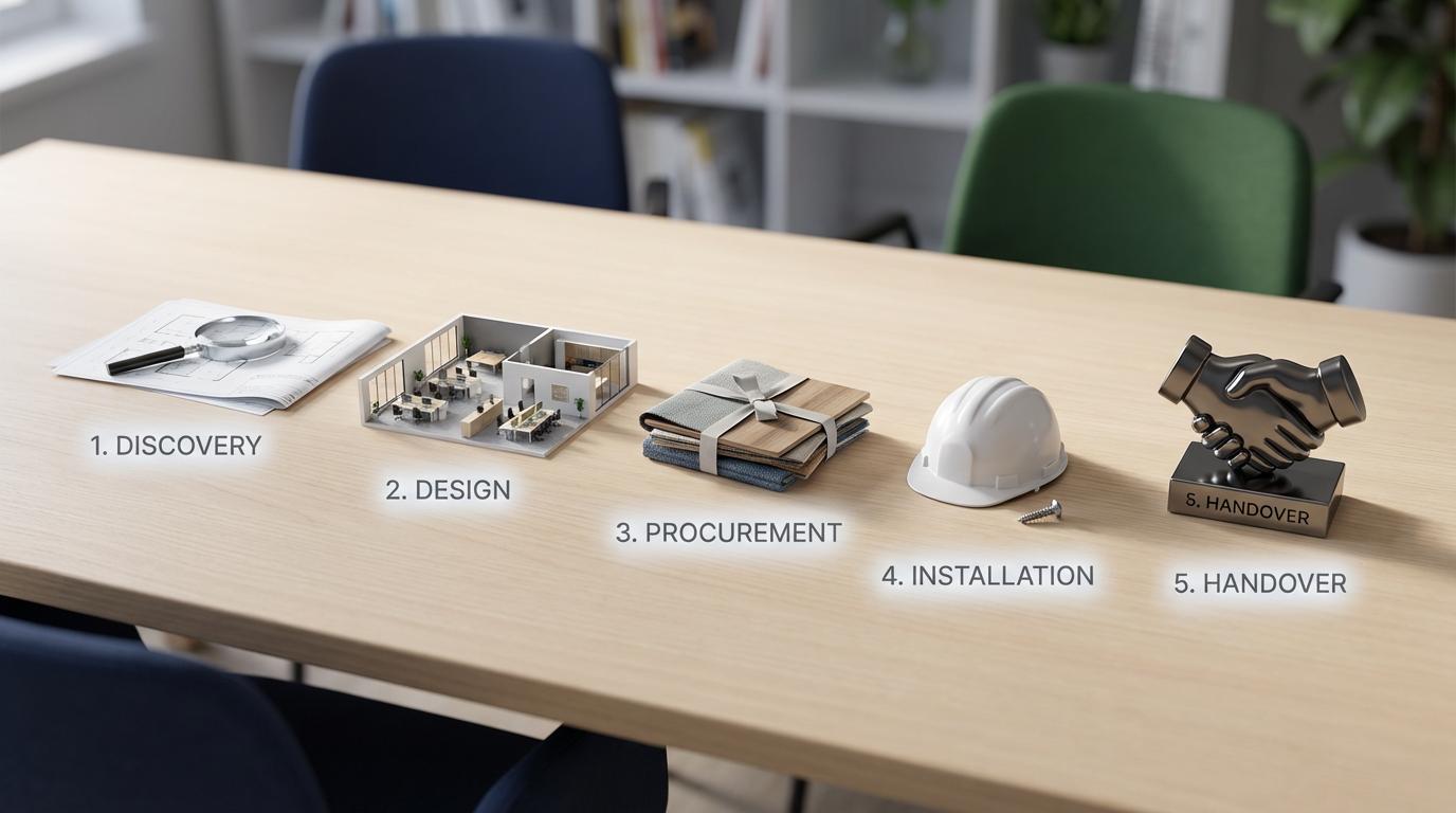 5-step space design and fit-out process diagram