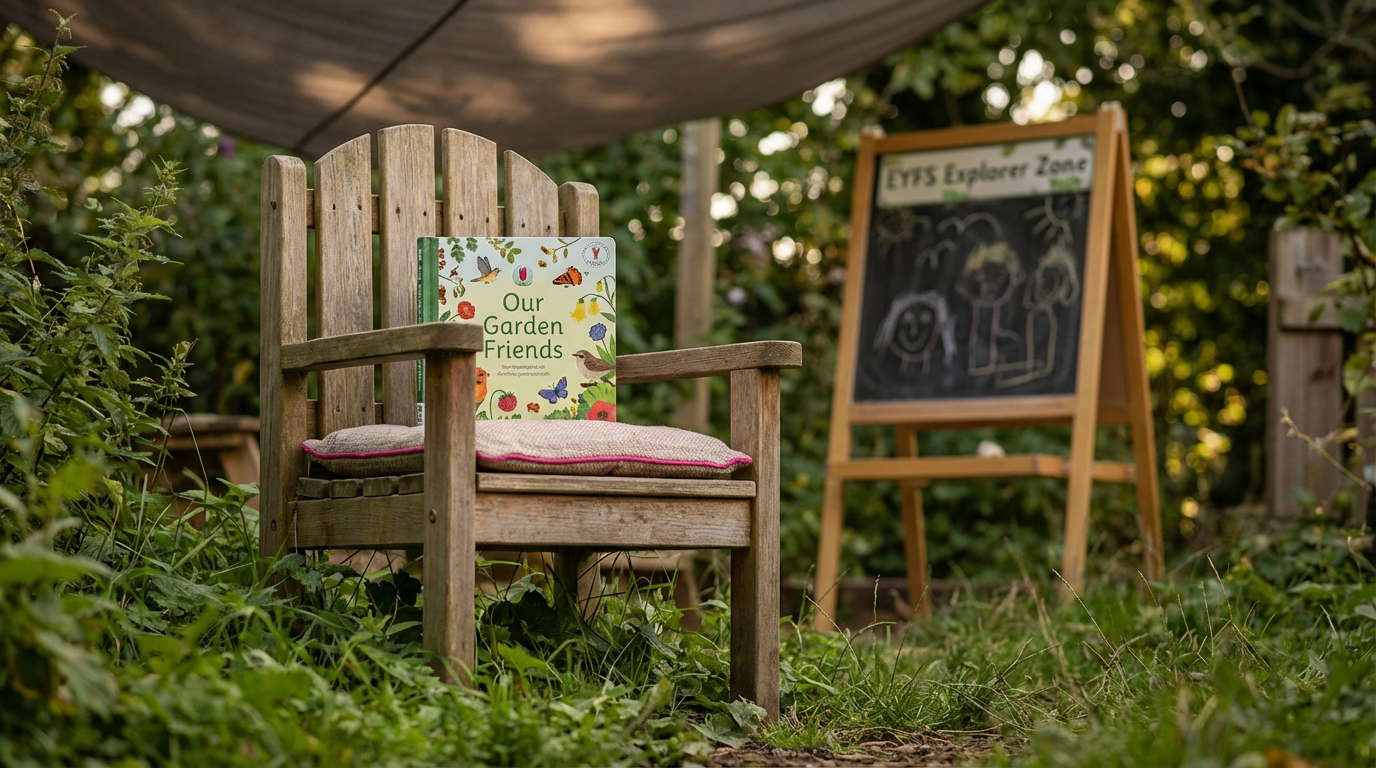EYFS goals - outdoor storytelling chair with book for language development