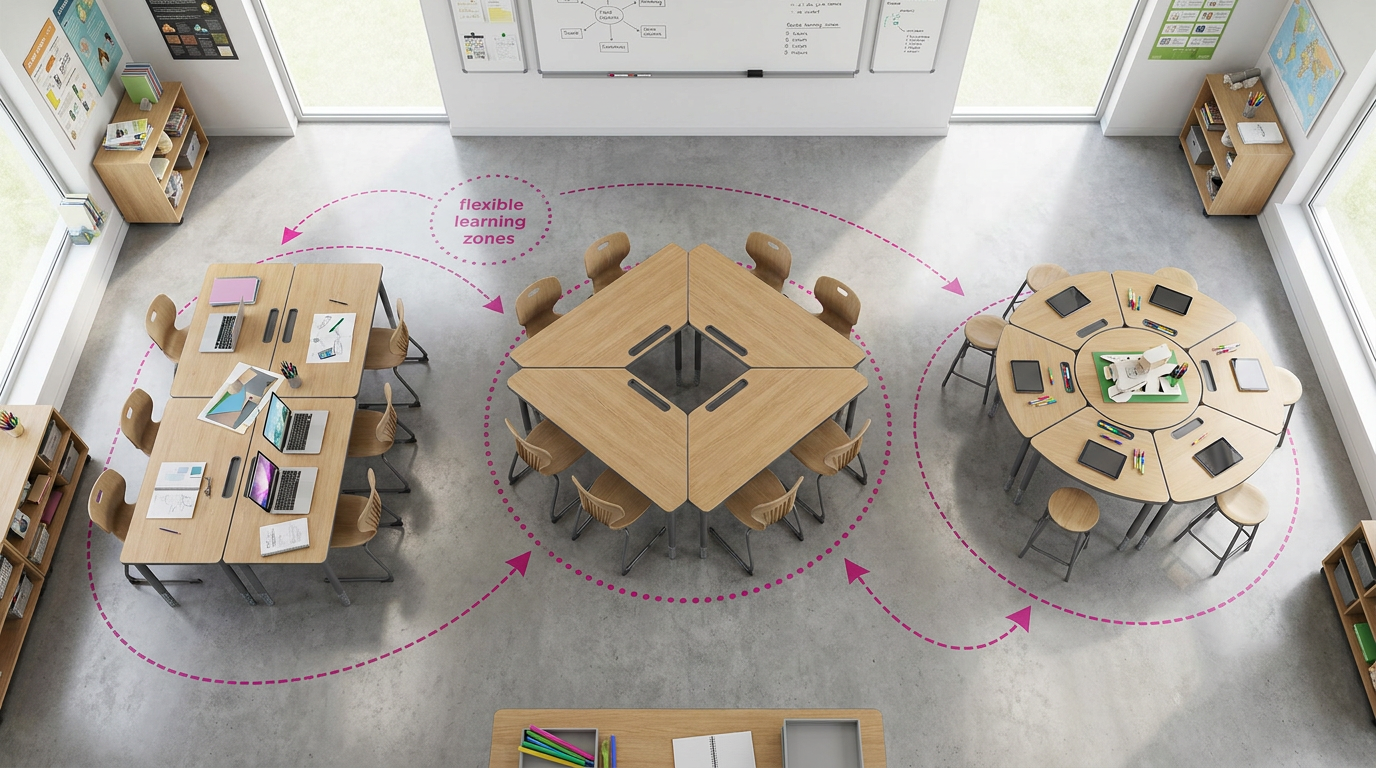 School table types - overhead view of rectangular, circular, and trapezoidal tables
