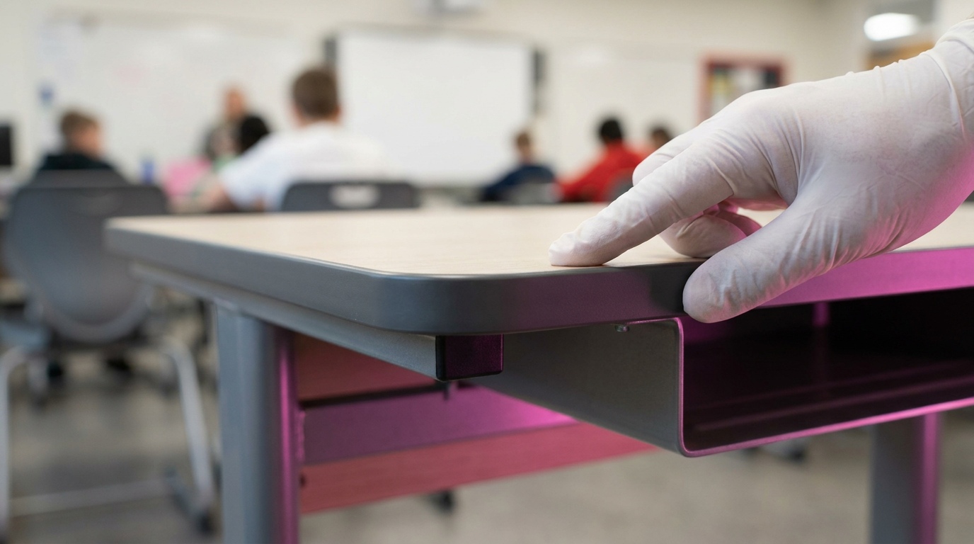 Durable school tables - hand inspecting a smooth PU edge on an HPL tabletop