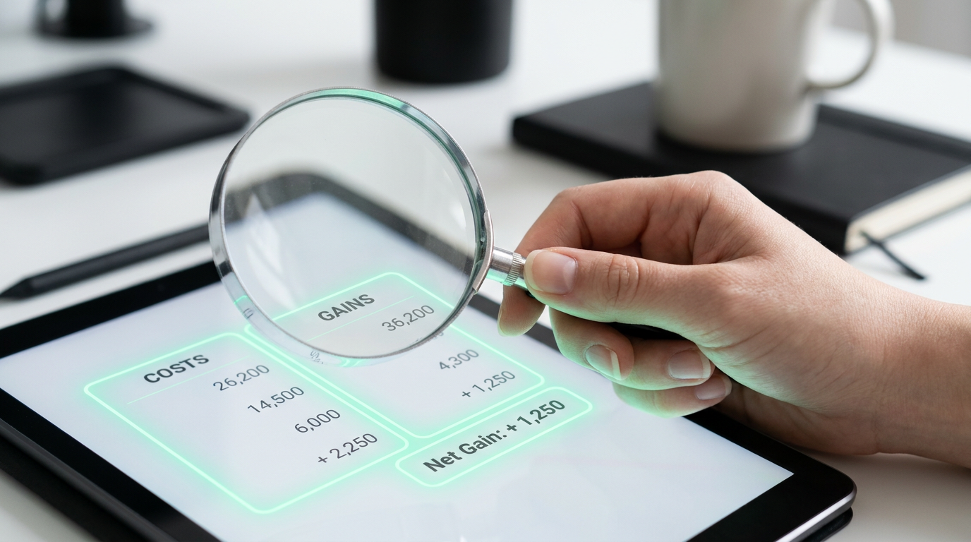 Calculating AI ROI - magnifying glass over financial data