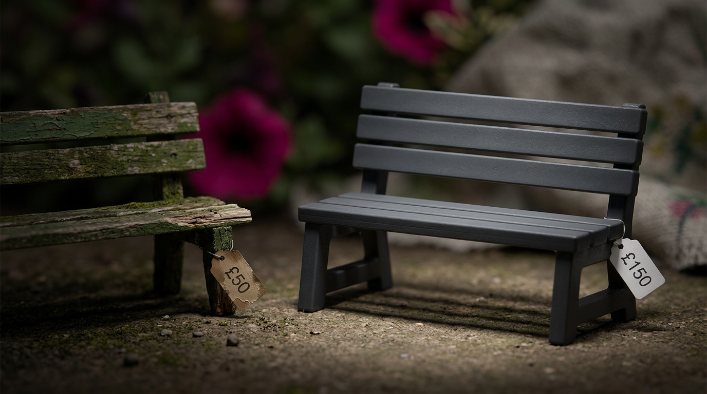Whole-life value vs upfront cost - contrasting wooden and recycled plastic benches