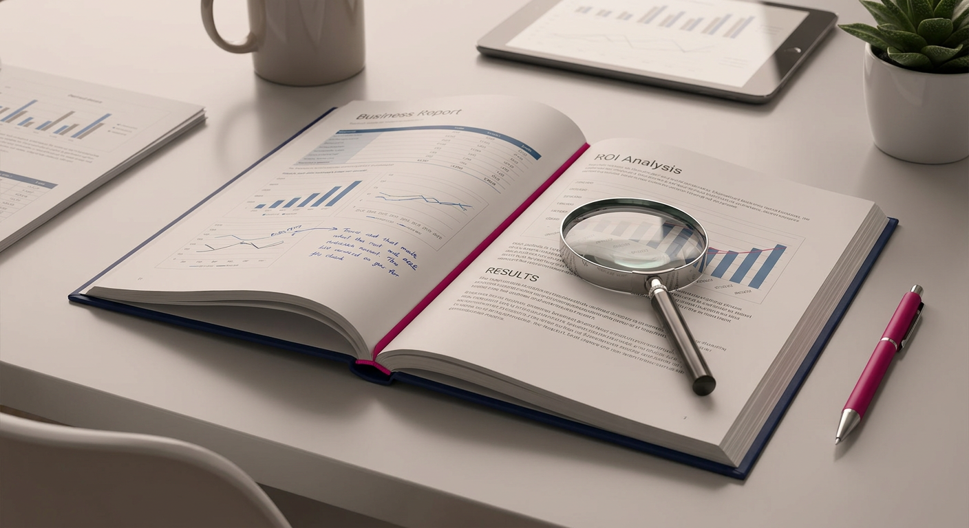 Business case study definition - magnifying glass on report