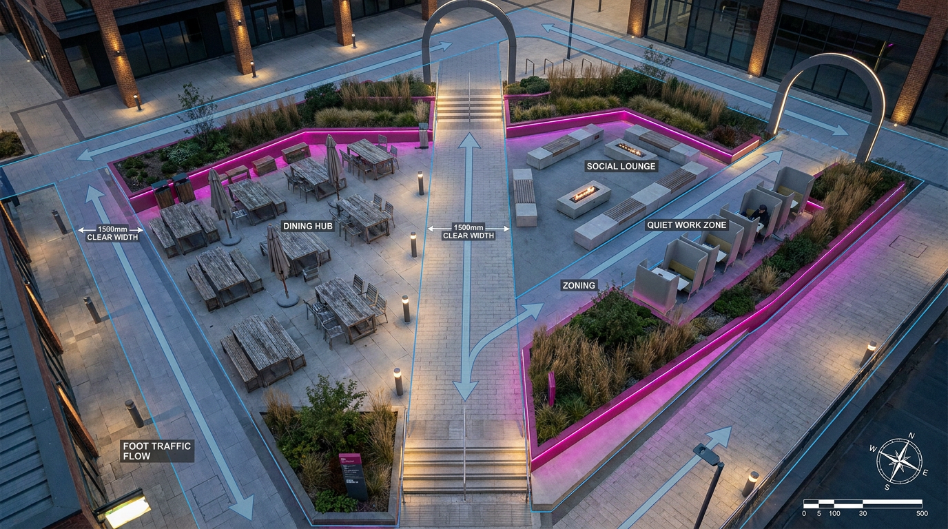 Strategic hospitality space planning - accessible outdoor commercial layout