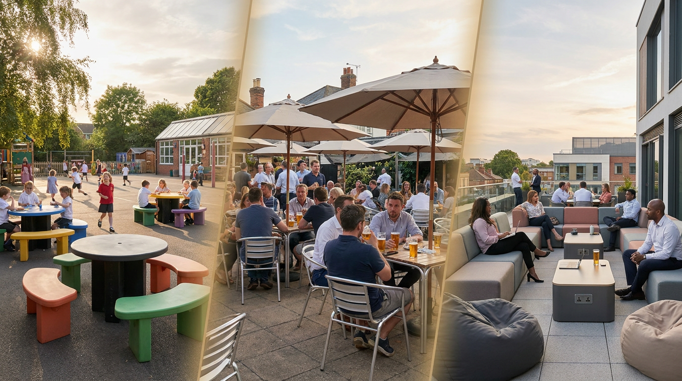 Outdoor furniture for schools, pubs, and offices - diverse commercial settings