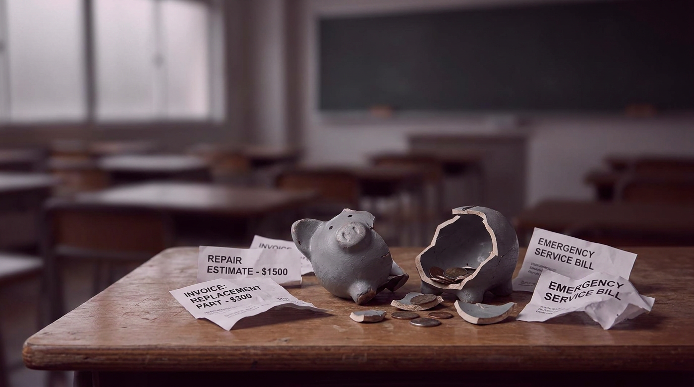 False economy with broken piggy bank, representing school budget myths