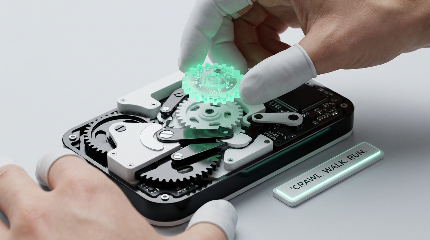Human hands integrating glowing AI gear into business process