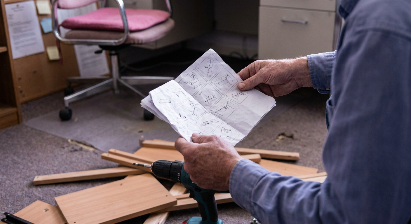 DIY office fit out - hands assembling furniture with instruction manual