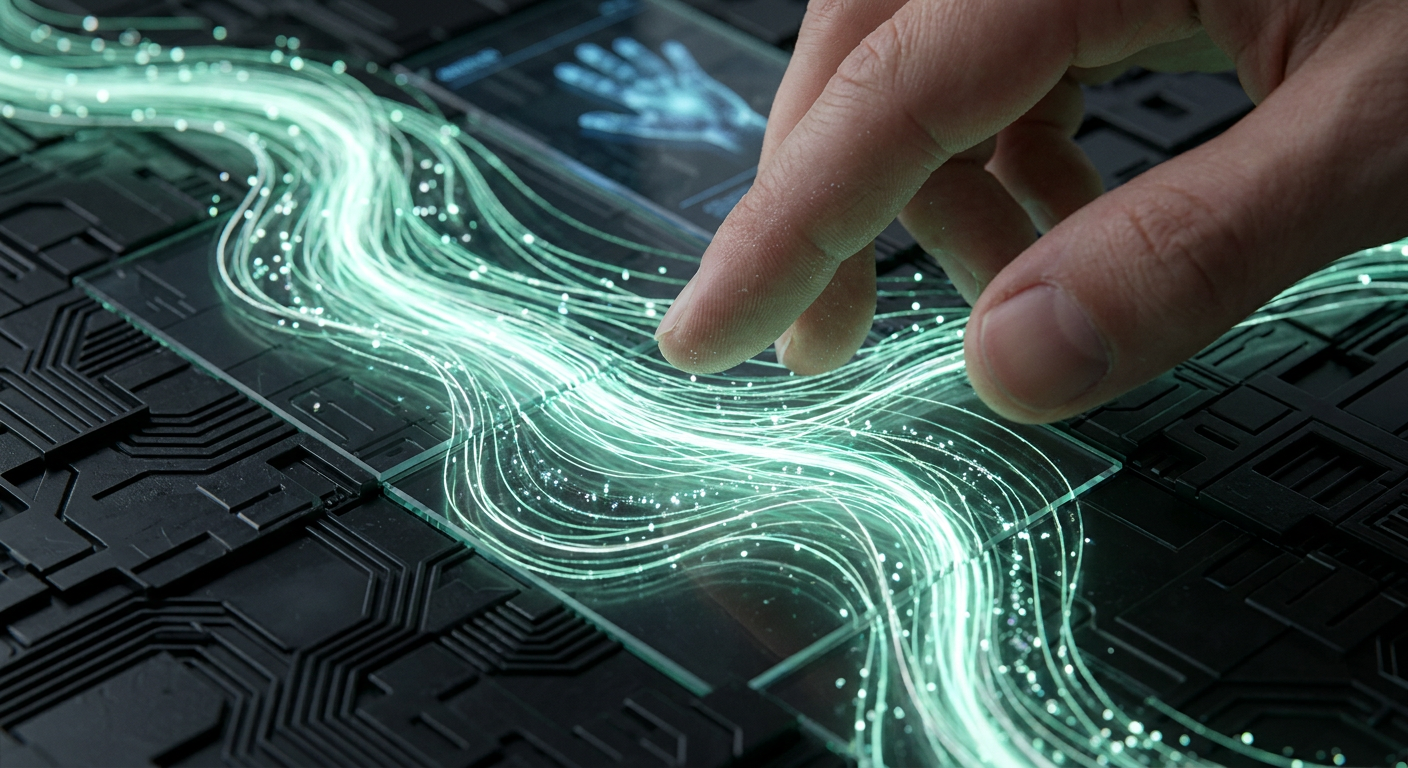 Human-centred AI definition - hand guiding digital data stream