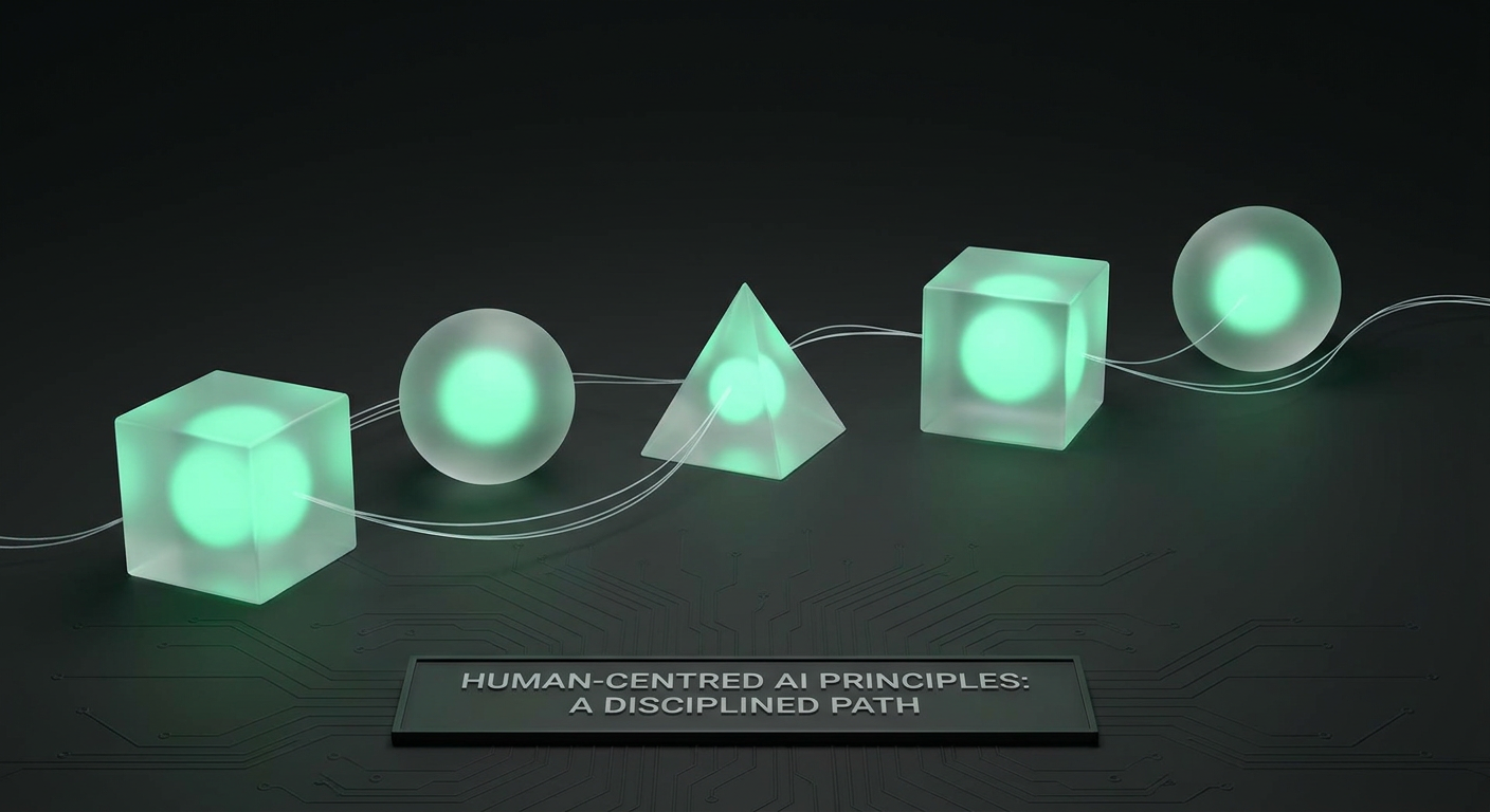 Principles of Human-centred AI - five glowing geometric shapes in sequence