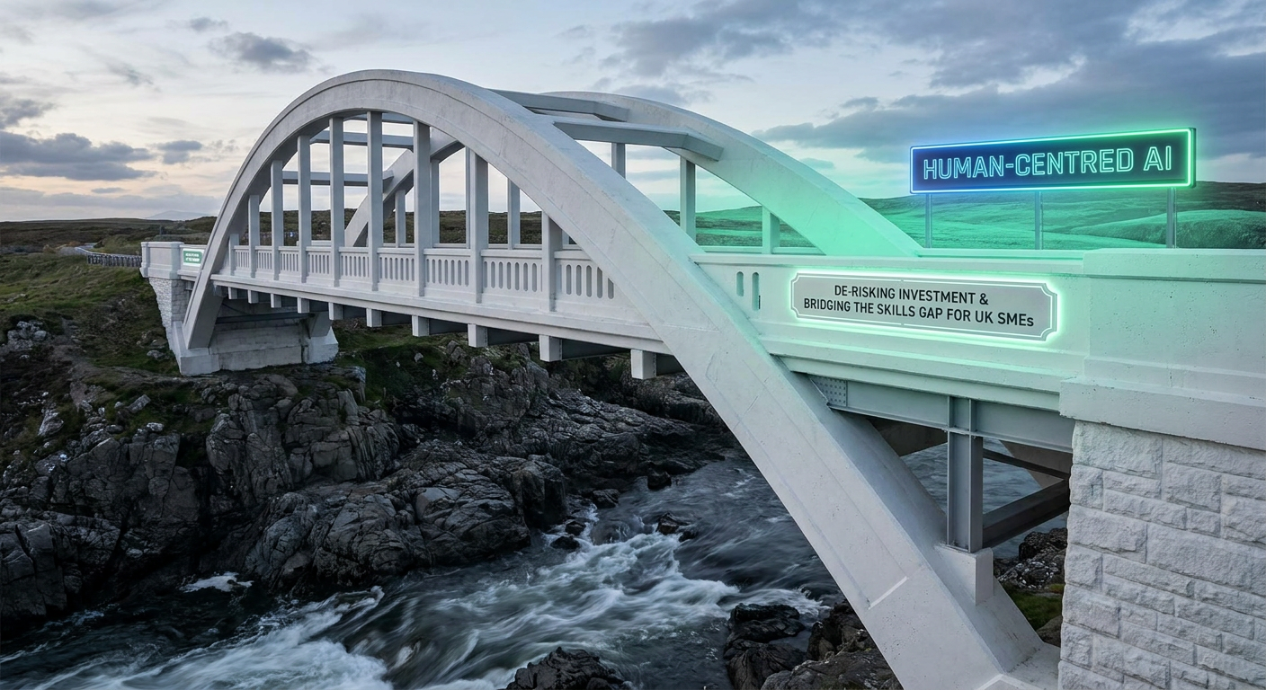 Strategic imperative for human-centred AI - bridge over chasm with green light